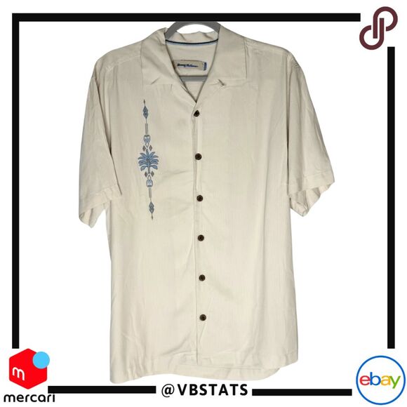 Tommy Bahama Men's Silk Embroidered Short Sleeve Button Up Shirt Beige Sz Small - Picture 1 of 8